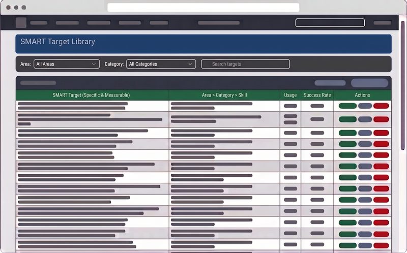 Stylised illustration of the SMART Target Library — a filterable table of targets organised by area and category